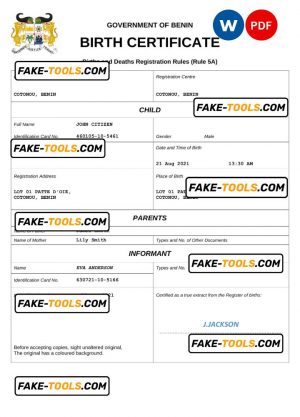 Benin birth certificate Word and PDF template, completely editable