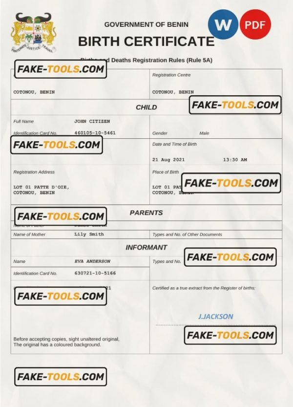 Benin birth certificate Word and PDF template, completely editable