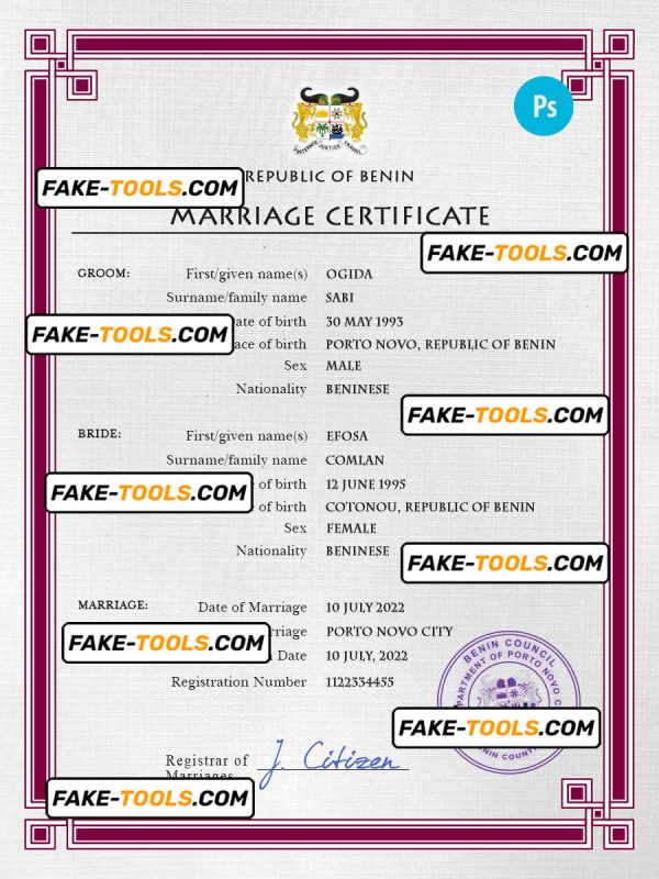 Benin marriage certificate PSD template, completely editable