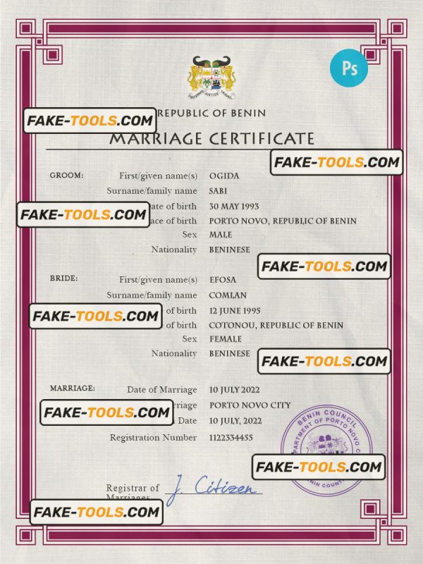 Benin marriage certificate PSD template, completely editable