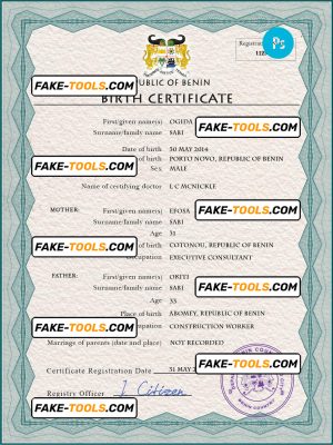 Benin vital record birth certificate PSD template, completely editable