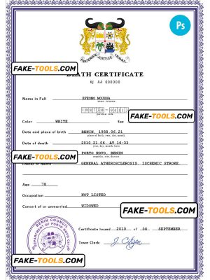 Benin vital record death certificate PSD template, fully editable
