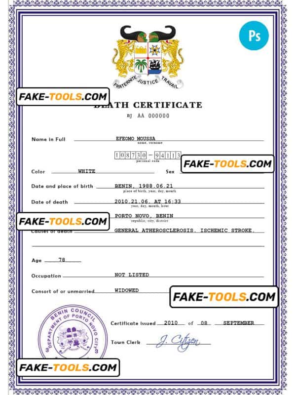 Benin vital record death certificate PSD template, fully editable