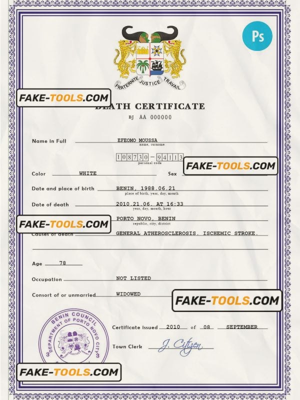 Benin vital record death certificate PSD template, fully editable