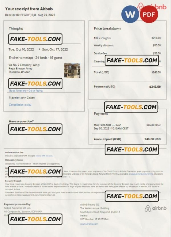 Bhutan Airbnb booking confirmation Word and PDF template