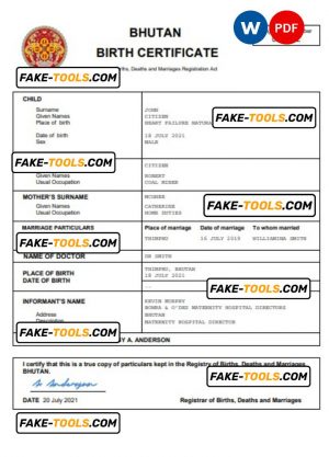 Bhutan vital record birth certificate Word and PDF template, completely editable