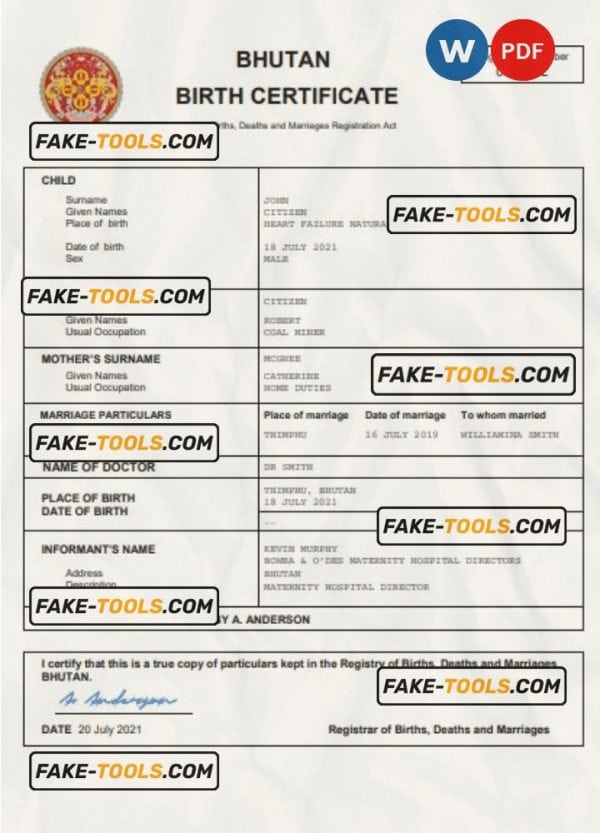 Bolivia vital record birth certificate Word and PDF template