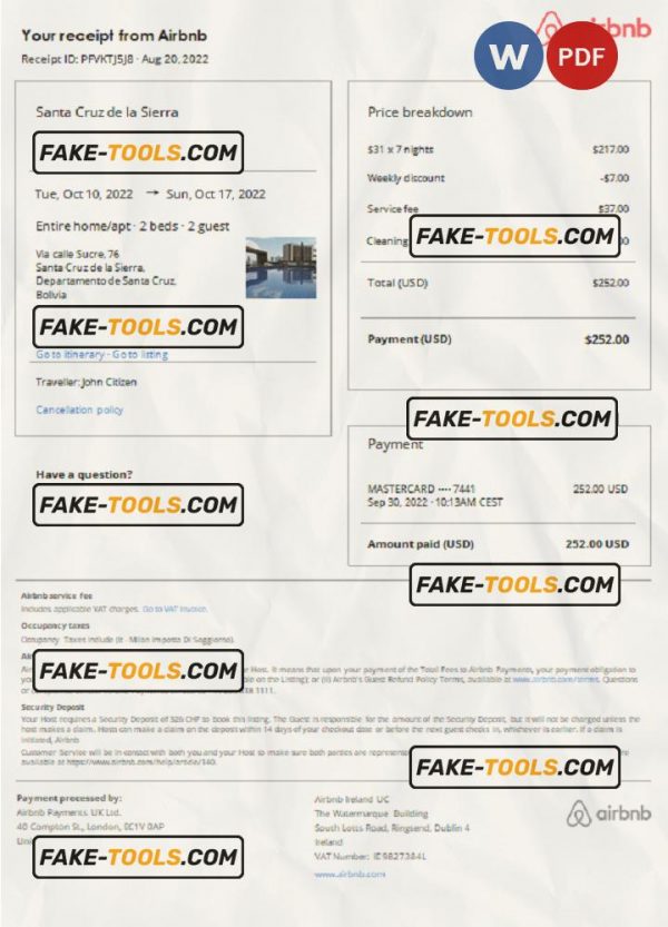 Bolivia Airbnb booking confirmation Word and PDF template scan effect