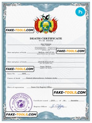 Bolivia death certificate PSD template, completely editable