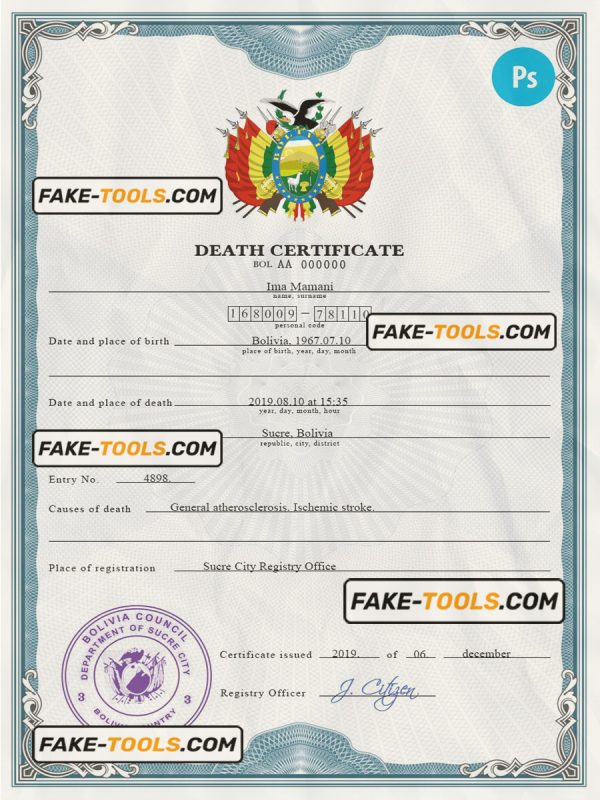 Bolivia death certificate PSD template, completely editable