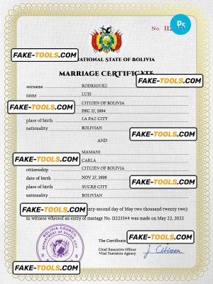 Bolivia marriage certificate PSD template, fully editable