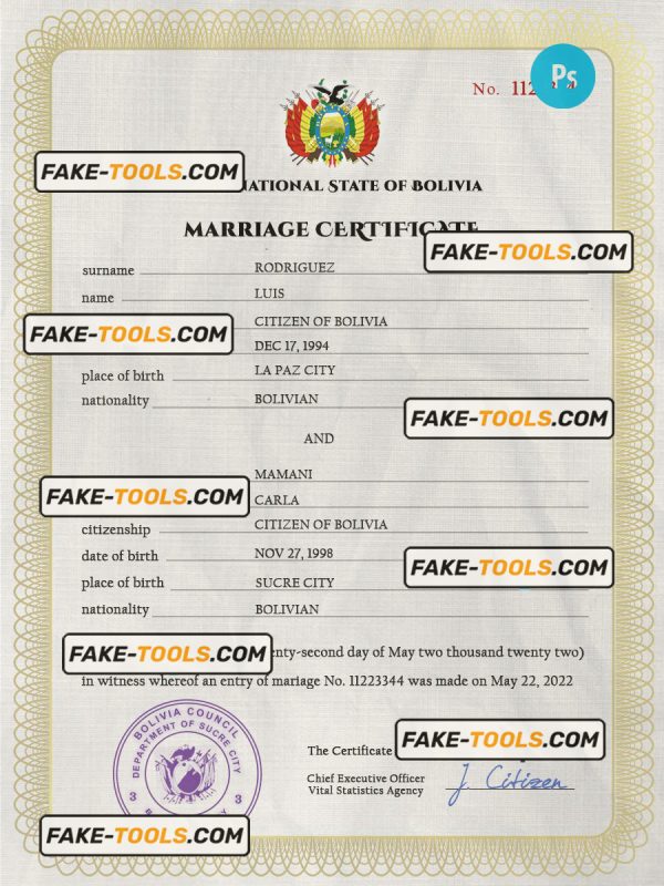 Bolivia marriage certificate PSD template, fully editable