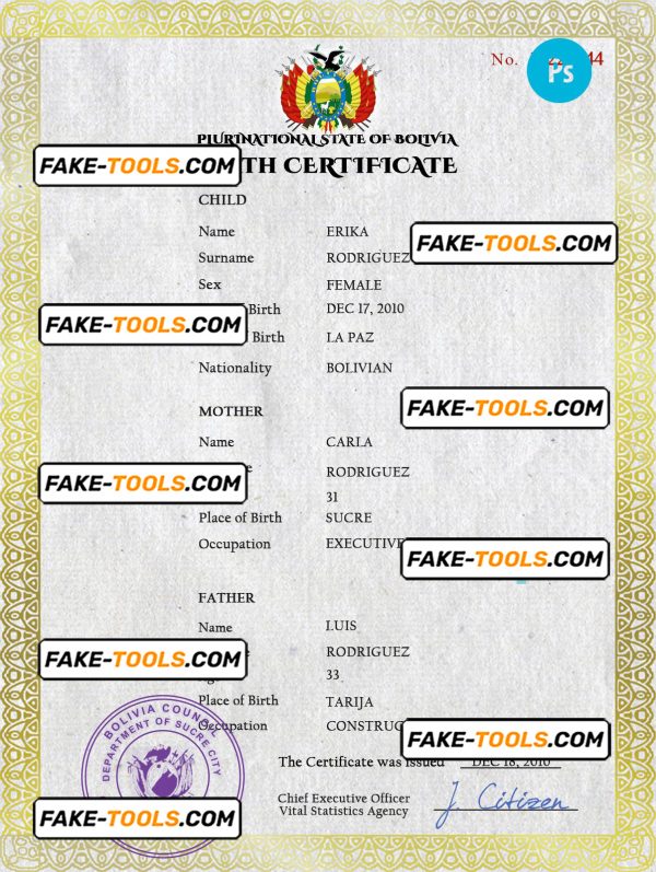 Bolivia vital record birth certificate PSD template, completely editable