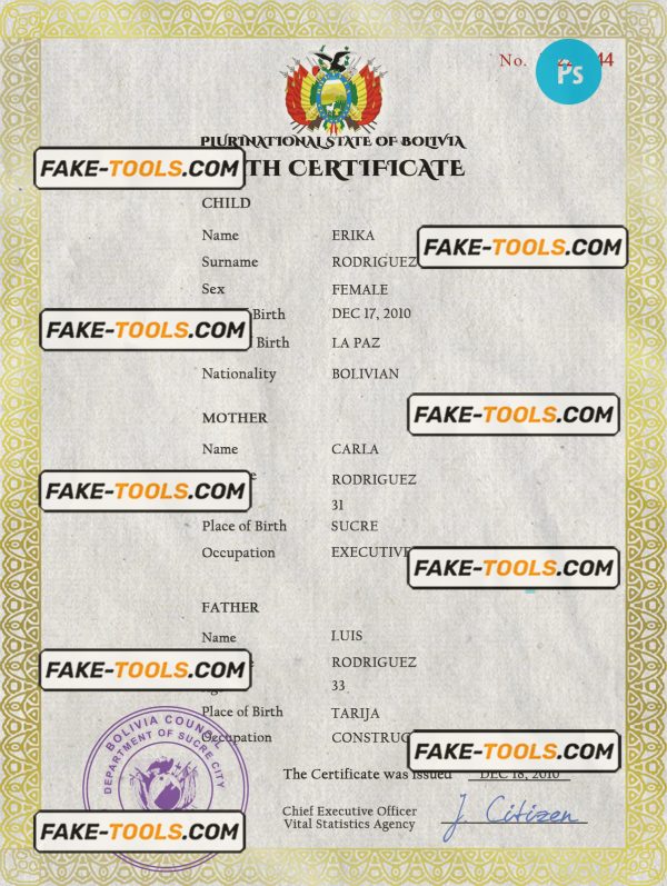 Bolivia vital record birth certificate PSD template, completely editable