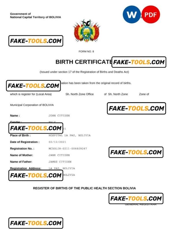 Bolivia vital record birth certificate Word and PDF template