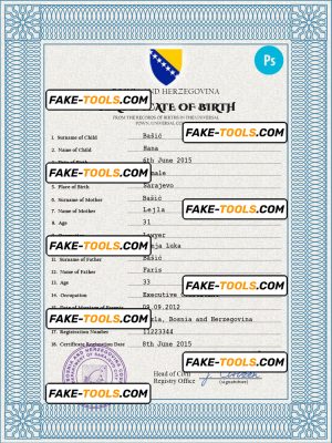 Bosnia and Herzegovina birth certificate PSD template, completely editable
