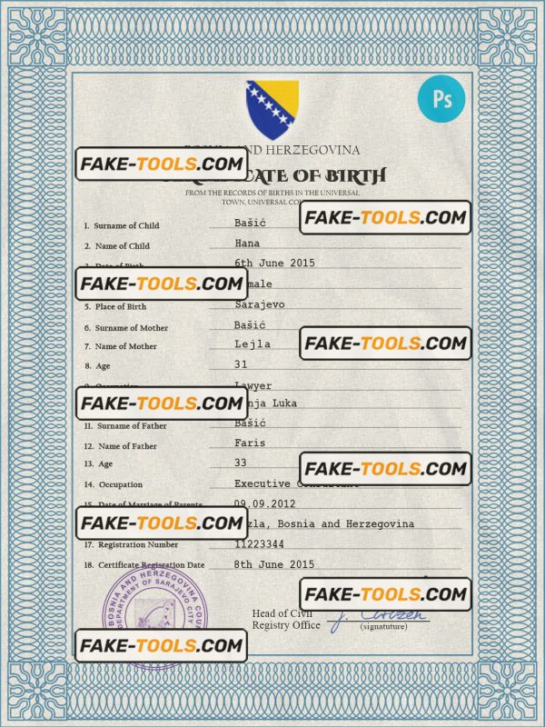 Bosnia and Herzegovina birth certificate PSD template, completely editable