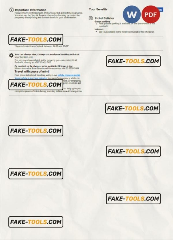 Bosnia and Herzegovina hotel booking confirmation Word and PDF template, 2 pages