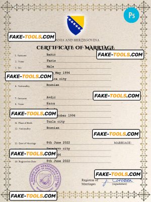 Bosnia and Herzegovina marriage certificate PSD template, completely editable