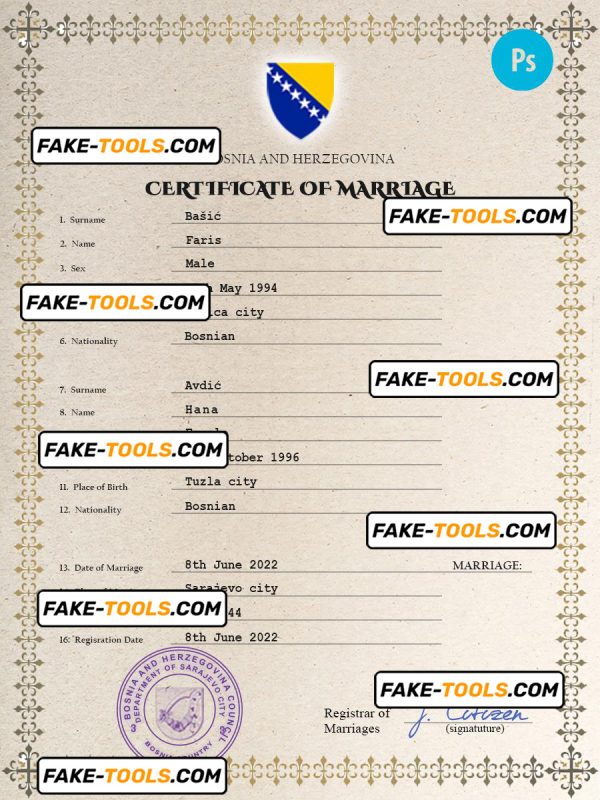Bosnia and Herzegovina marriage certificate PSD template, completely editable