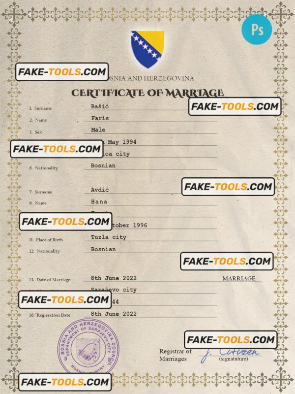 Bosnia and Herzegovina marriage certificate PSD template, completely editable