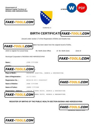Bosnia and Herzegovina vital record birth certificate Word and PDF template, fully editable