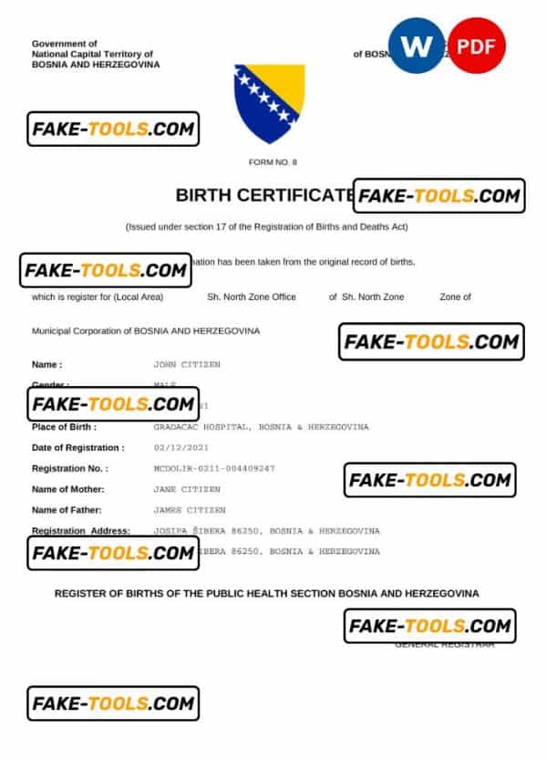 Bosnia and Herzegovina vital record birth certificate Word and PDF template, fully editable