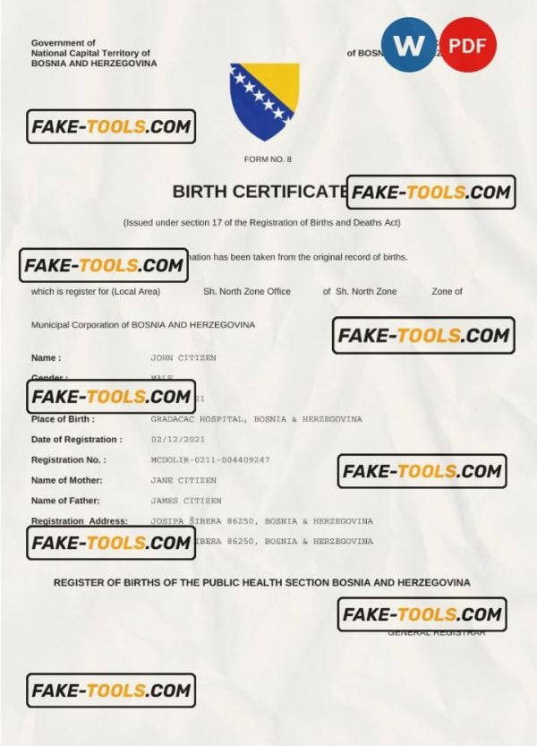 Bosnia and Herzegovina vital record birth certificate Word and PDF template, fully editable