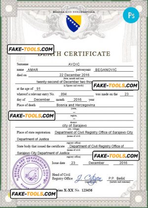 Bosnia and Herzegovina vital record death certificate PSD template, completely editable