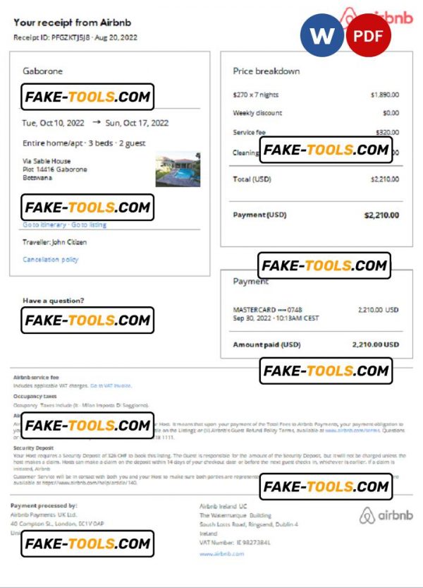 Botswana Airbnb booking confirmation Word and PDF template