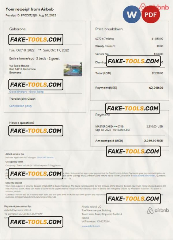Botswana Airbnb booking confirmation Word and PDF template scan effect