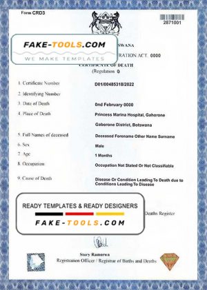 Botswana death certificate template in PSD format, fully editable