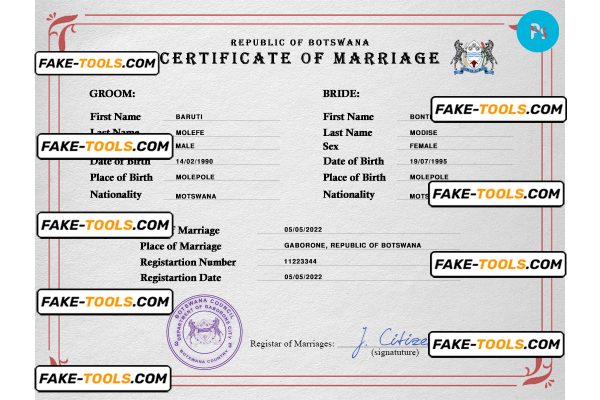 Botswana marriage certificate PSD template, fully editable