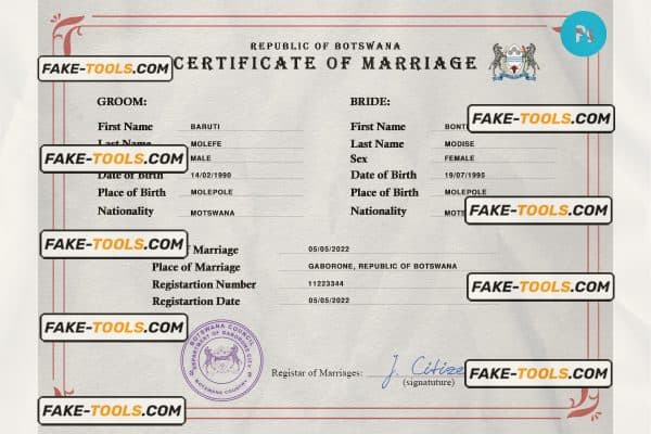 Botswana marriage certificate PSD template, fully editable