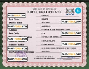 Botswana vital record birth certificate PSD template, fully editable