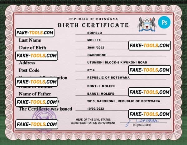 Botswana vital record birth certificate PSD template, fully editable