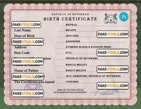 Botswana vital record birth certificate PSD template, fully editable