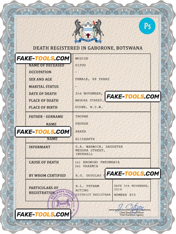 Botswana vital record death certificate PSD template