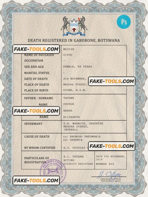 Botswana vital record death certificate PSD template