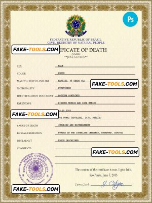 Brazil death certificate PSD template, completely editable
