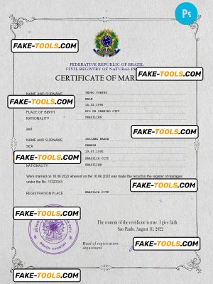 Brazil marriage certificate PSD template, completely editable