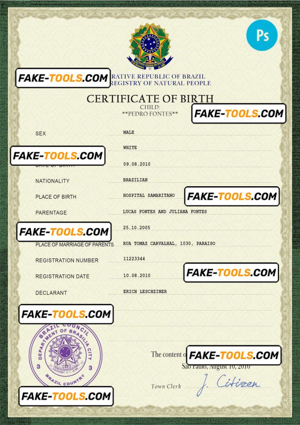 Brazil vital record birth certificate PSD template