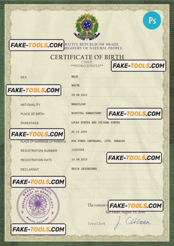 Brazil vital record birth certificate PSD template