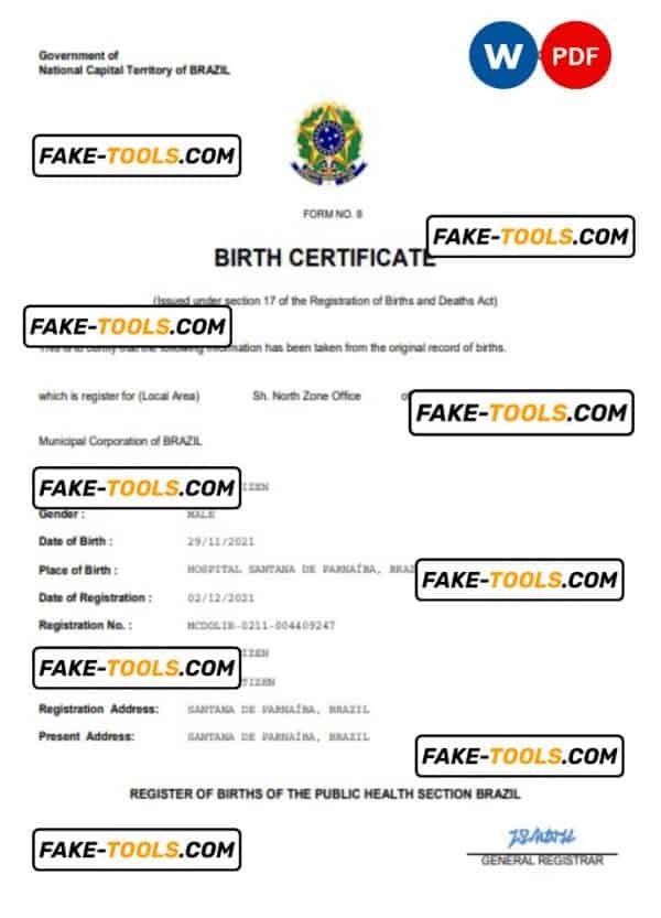 Brazil vital record birth certificate Word and PDF template, completely editable