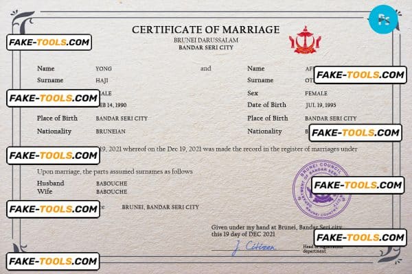 Brunei marriage certificate PSD template, fully editable