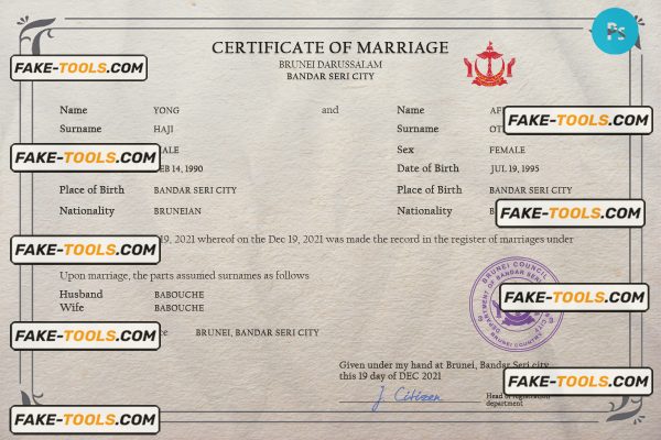 Brunei marriage certificate PSD template, fully editable