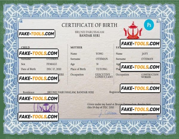 Brunei vital record birth certificate PSD template, completely editable