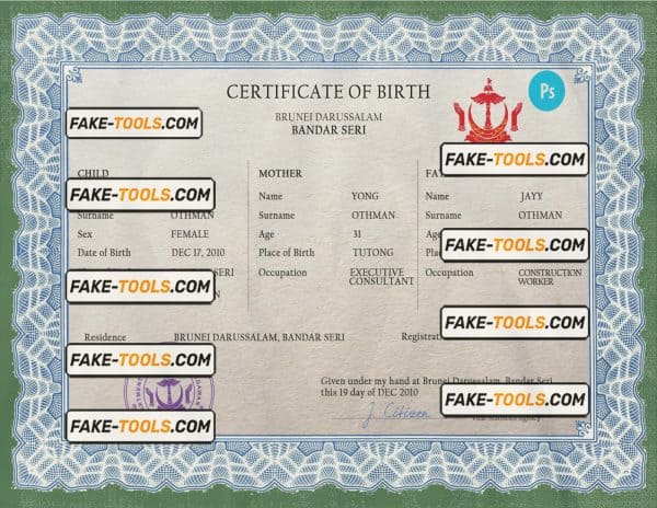 Brunei vital record birth certificate PSD template, completely editable