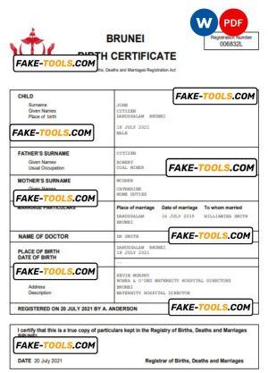 Brunei vital record birth certificate Word and PDF template