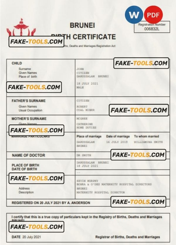 Brunei vital record birth certificate Word and PDF template
